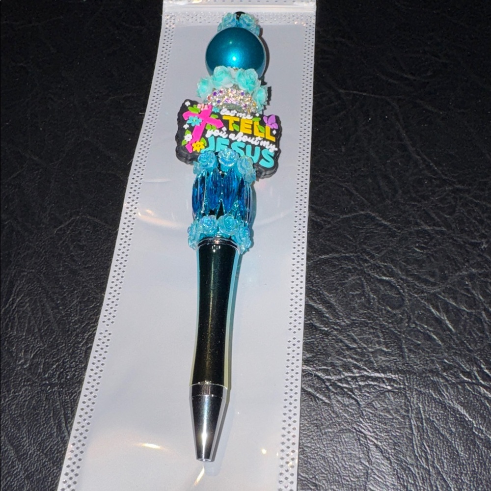 Pen Aqua Jeweled Pen w/Jesus focal Bead, NEW, Beautiful, Hand Crafted - Picture 5 of 5